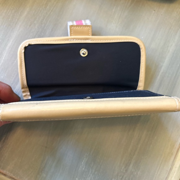 Adorable Navy Vachetta Trim Buckle Wallet Clutch With Pink White Striped Design - Picture 8 of 11